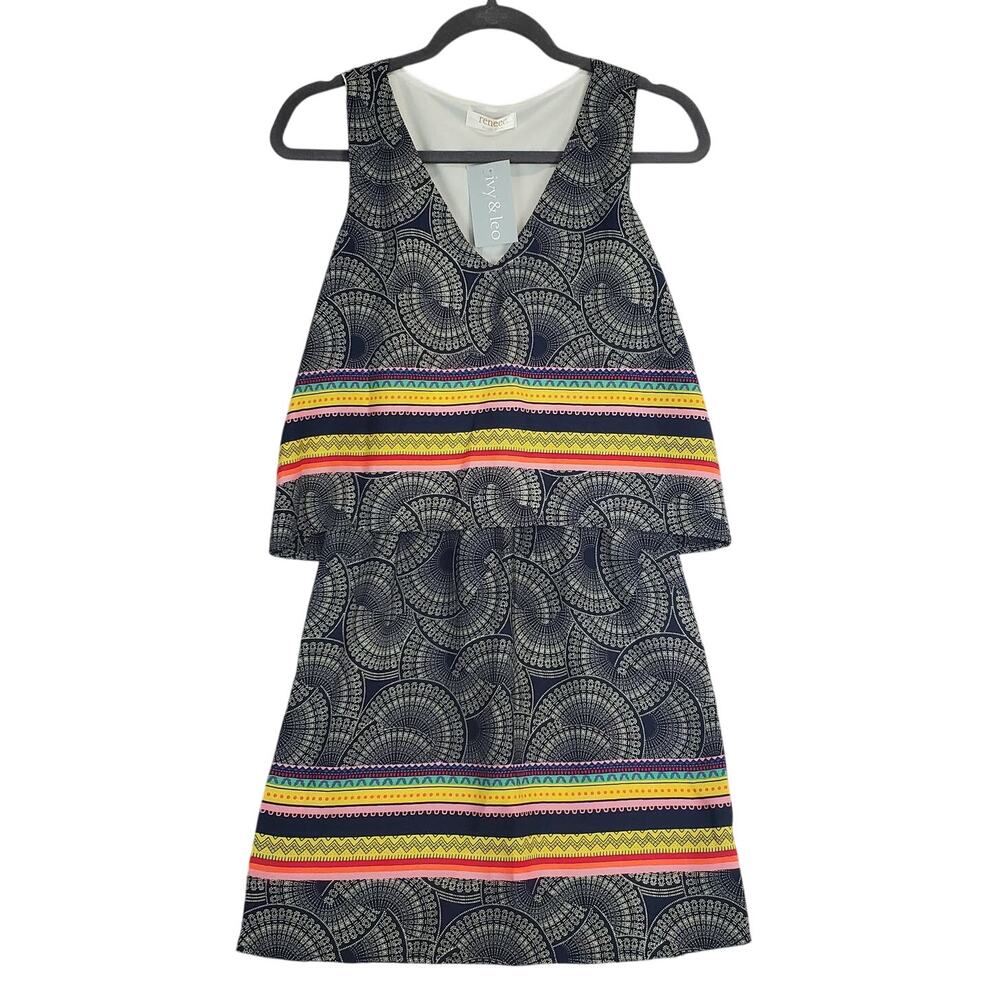 NWT Renee C Tiered Sleeveless Summer Dress Size S Boho Geo Rainbow Stripe Print